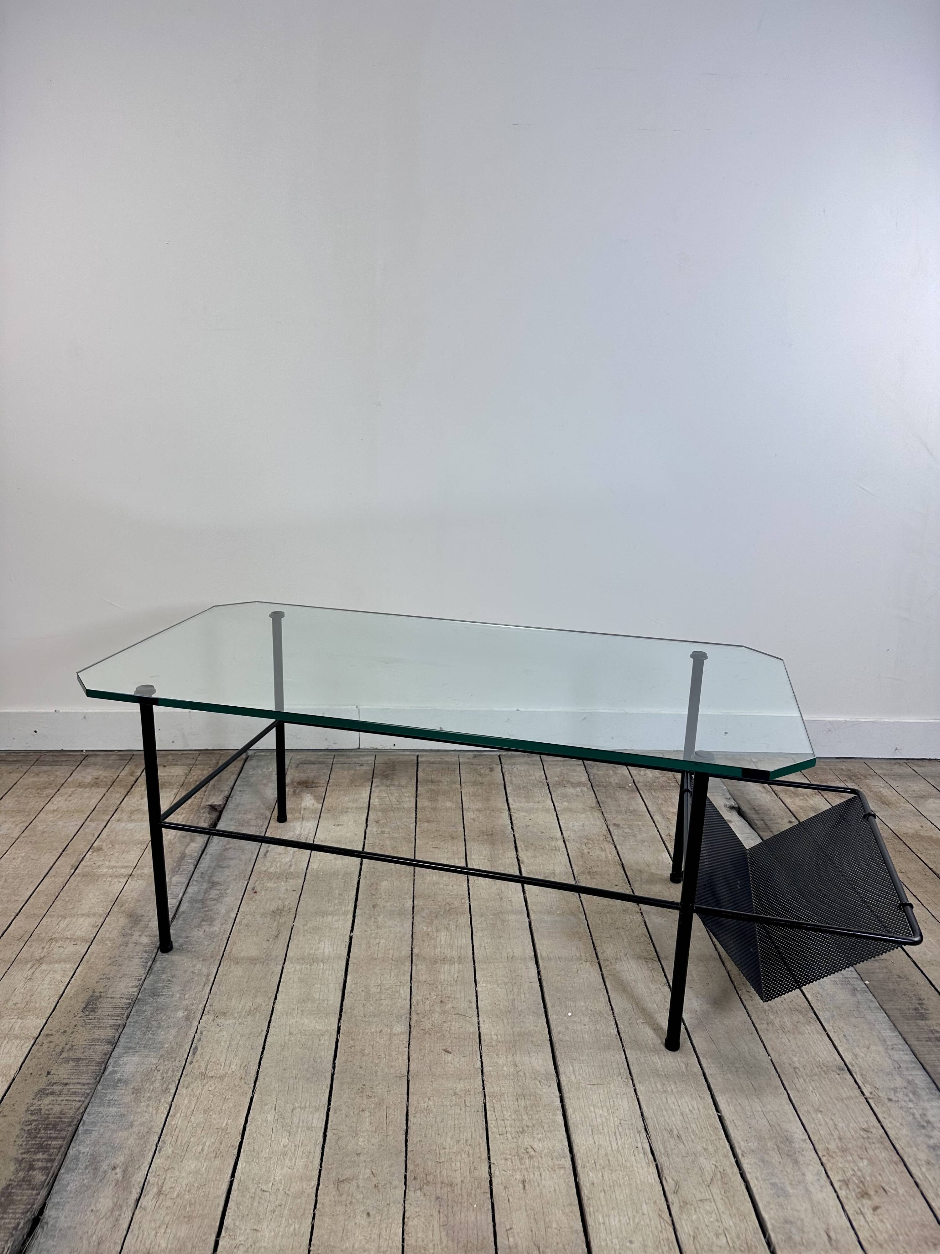 Metal and glass coffee table gérard guermomprez 1956