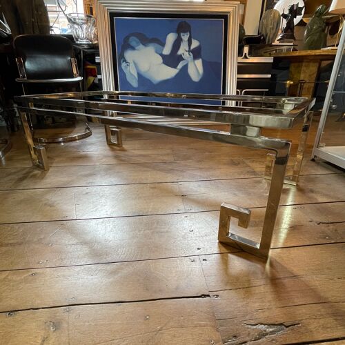 Belgo chrome coffee table hollywood regency style, chrome steel & glass, ca 1970