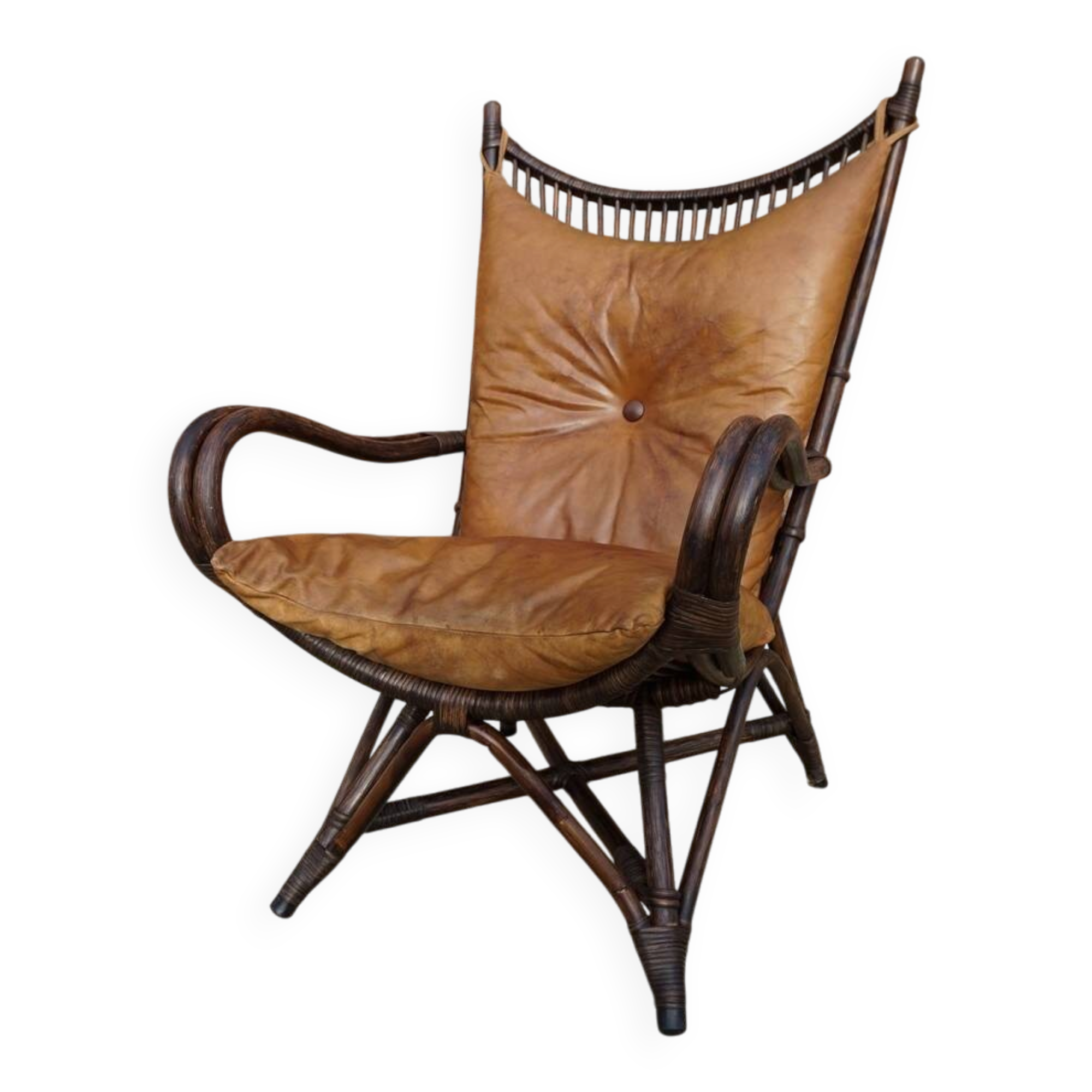 Chaise longue vintage en bambou et rotin avec coussins en cuir, années 1960