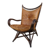 Chaise longue vintage en bambou et rotin avec coussins en cuir, années 1960