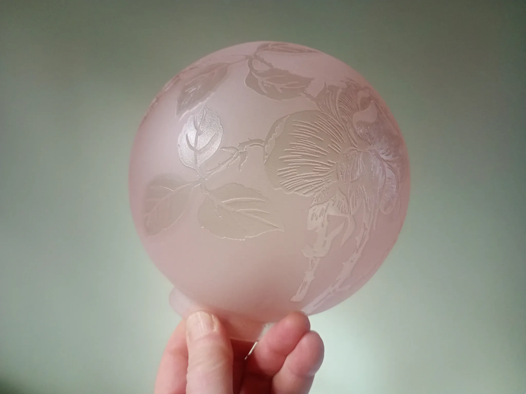 Sprat - frosted pink glass globe with pink flowers for chandelier lamp circa 1920