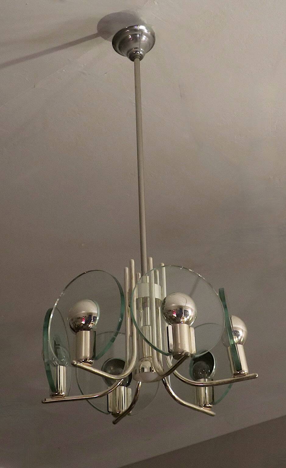 Silver plated chandelier with six crystal glass discs, Italy 1960s