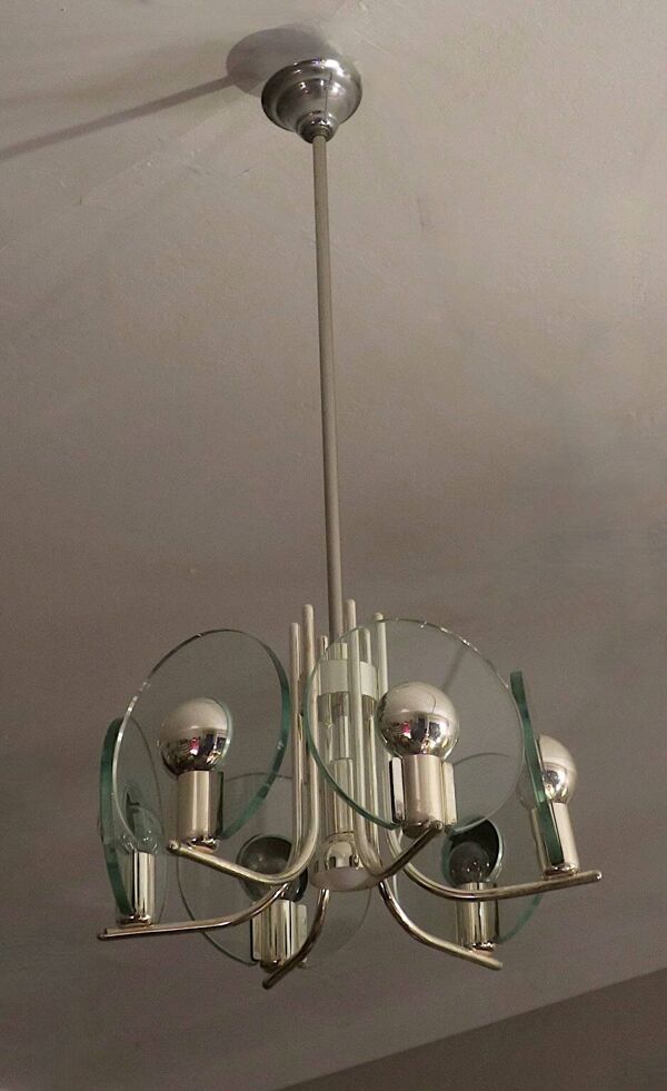 Lustre en métal argenté avec six disques en cristal, Italie années 1960