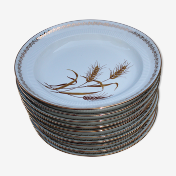 Set de 10 assiettes creuses motif blé liseré or porcelaine vintage