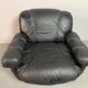 Large Set of Italian Space Age Black Leather Lounge Chairs with Brass