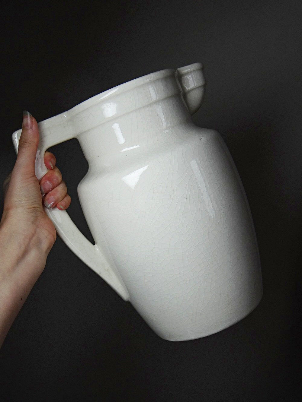 Large Art Deco toilet bowl, antique cracked faience.