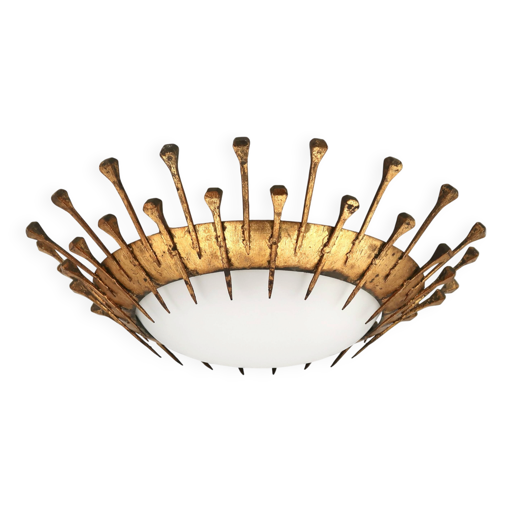 Ceiling light with forged gold nails and opaque white glass, 1950s.