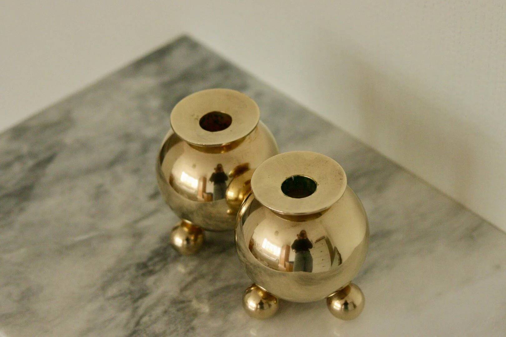 Pair of mid-century Swedish heavy brass candle holders