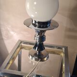 Table lamp with chrome base and white opaline globe