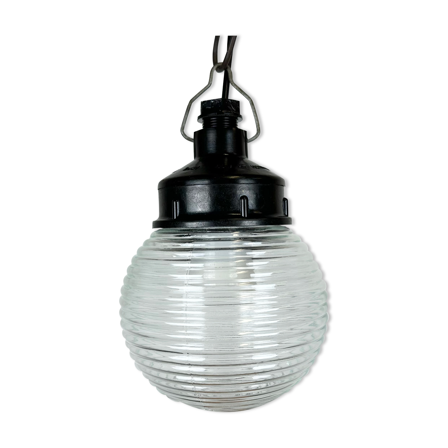 Industrial bakelite pendant light with ribbed glass, 1970s