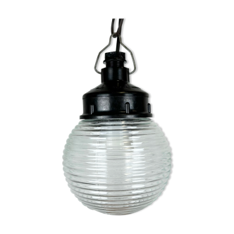 Industrial bakelite pendant light with ribbed glass, 1970s