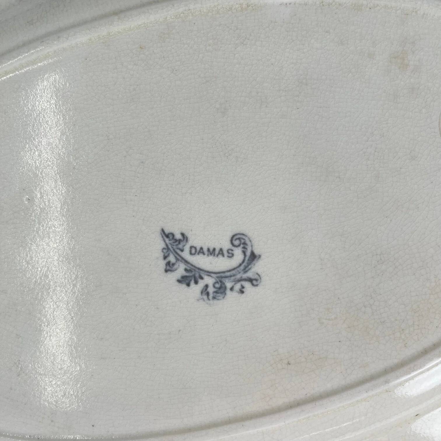 Large oval ironstone dish, "Damas" pattern by Sarreguemines, late 19th century, grey-black.
