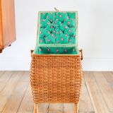 Little rattan worker, vintage green fabric interior, 1960