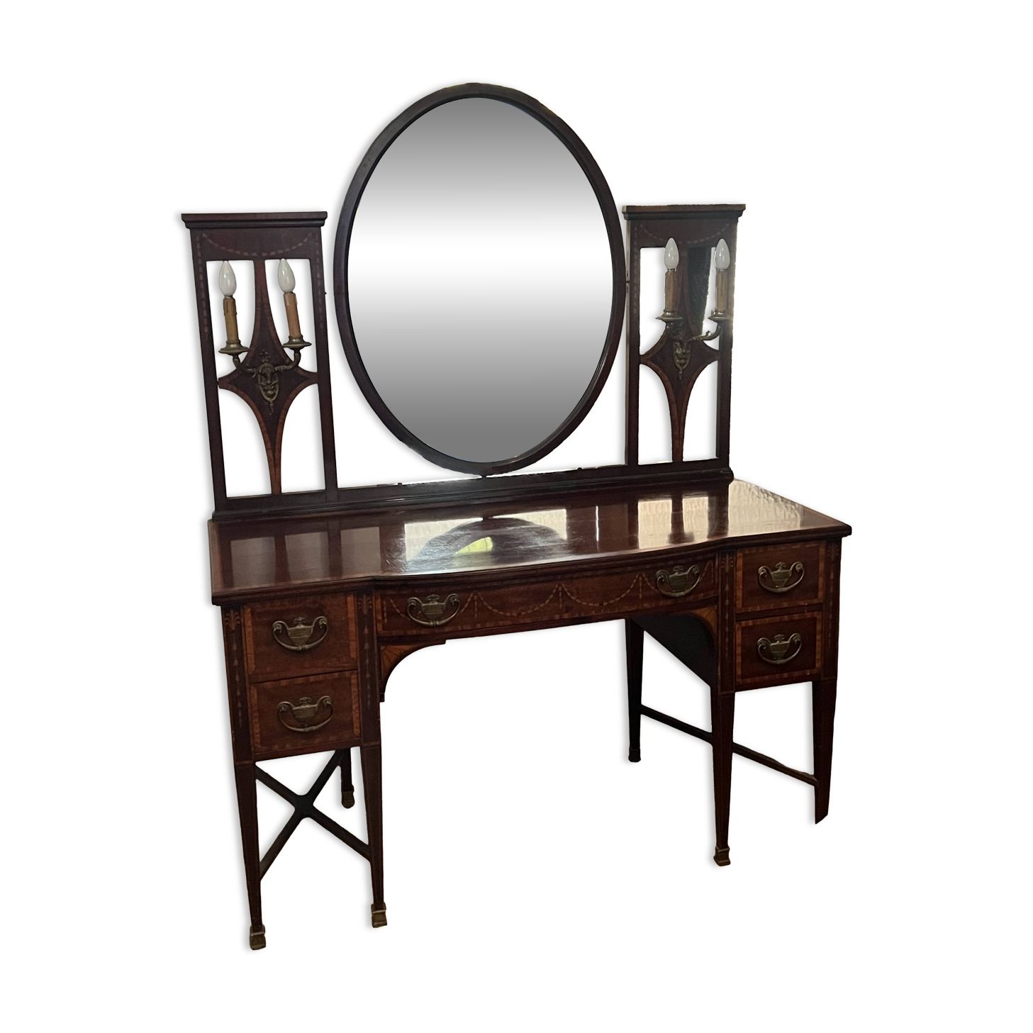 Louis XVI style dressing table – marquetry, oval mirror.