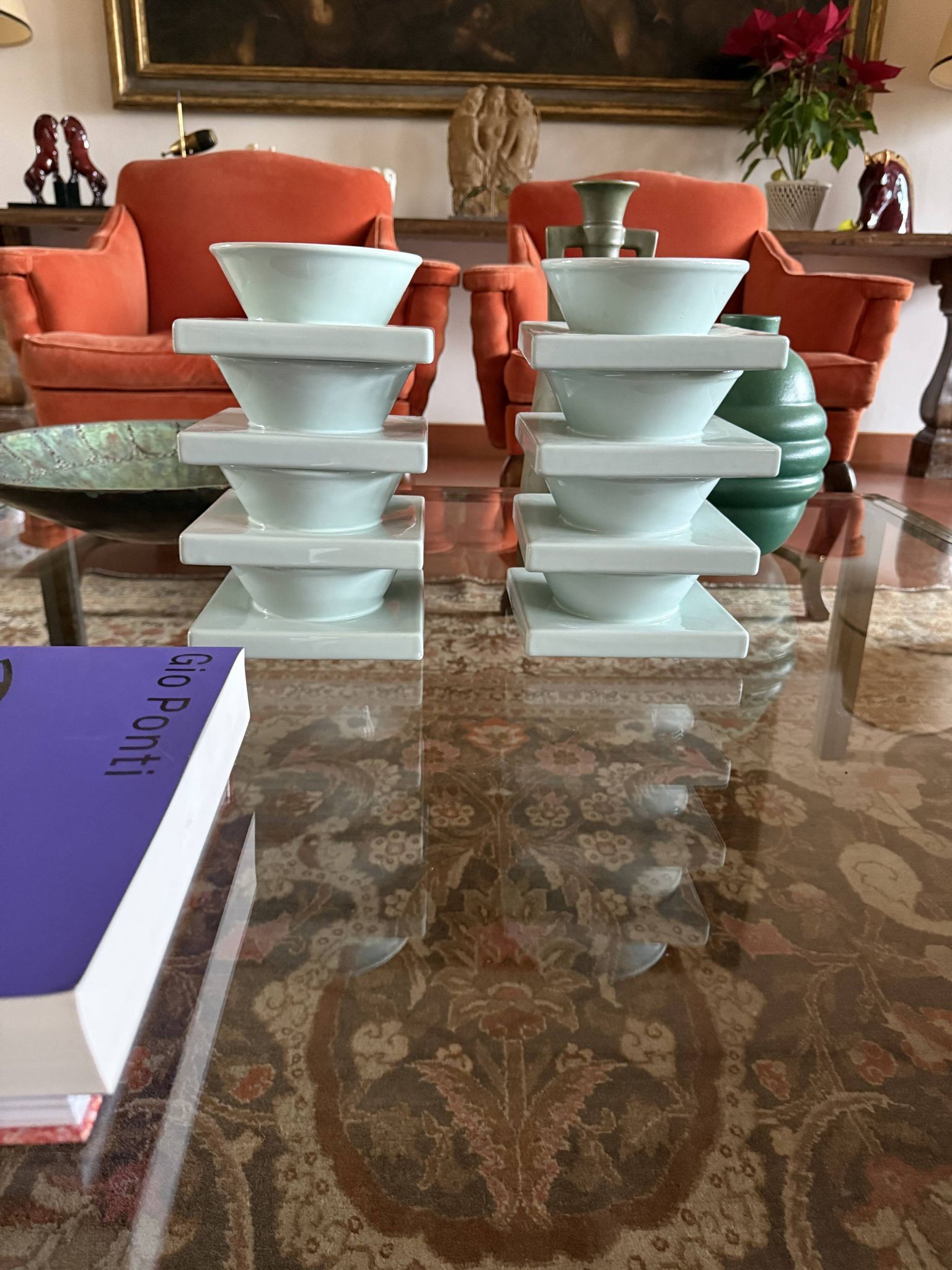 Set of 9 ceramic light blue ceramic bowls, I + I Italy, 1970s