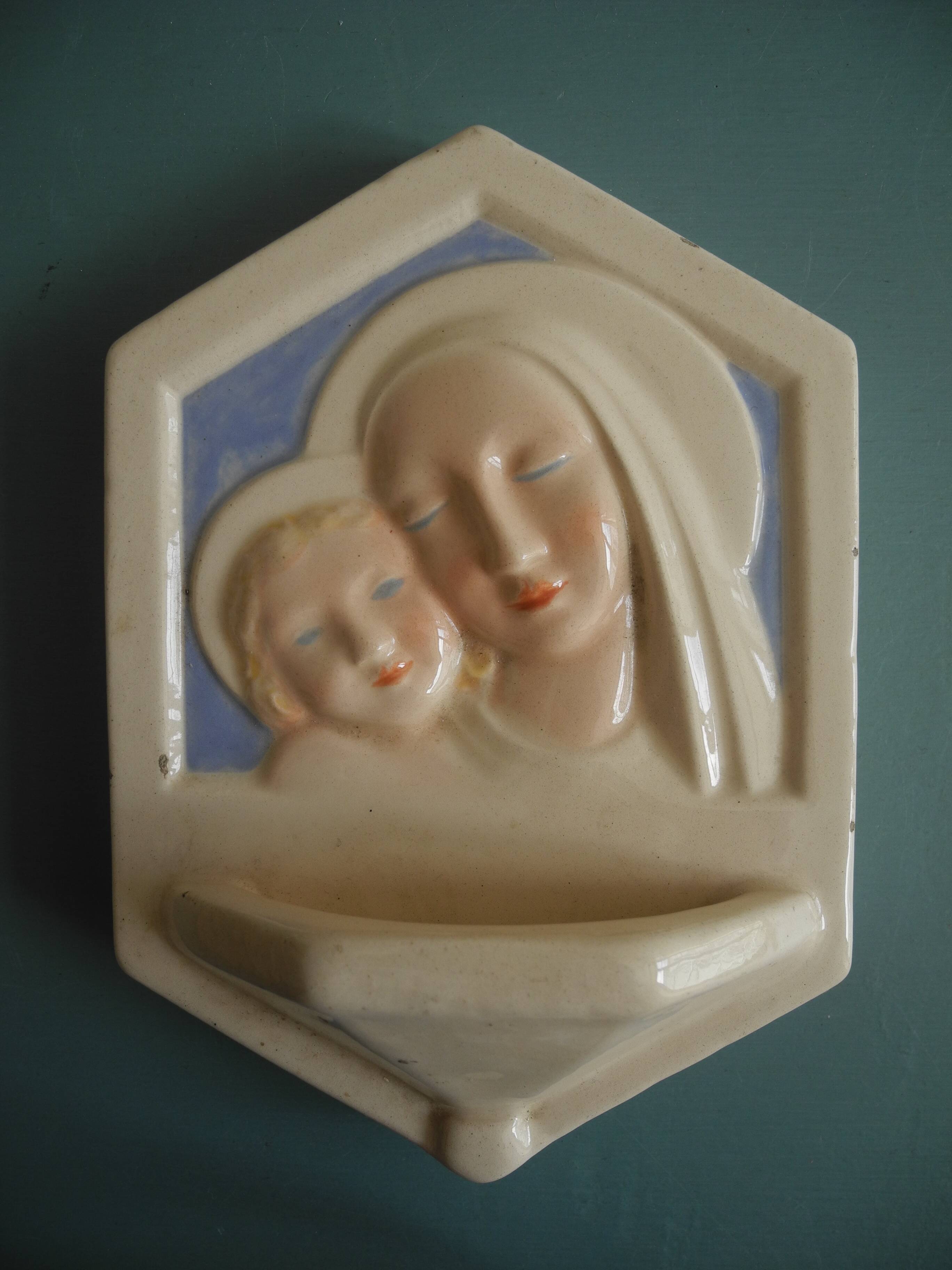 ancient holy water font Desvres Fourmaintraux earthenware
