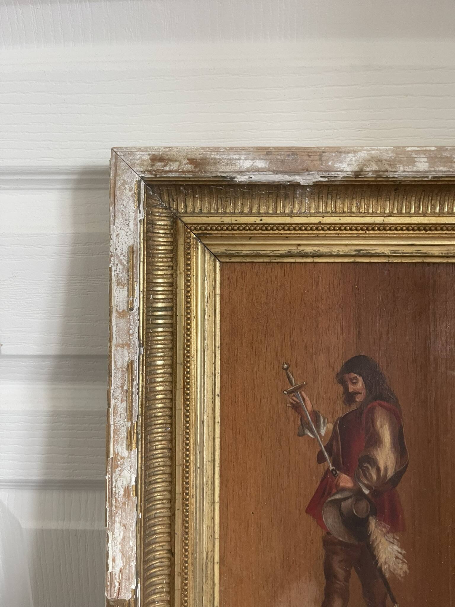 Antique Oil Wood Panel Framed Musketeer Signed 19th Century
