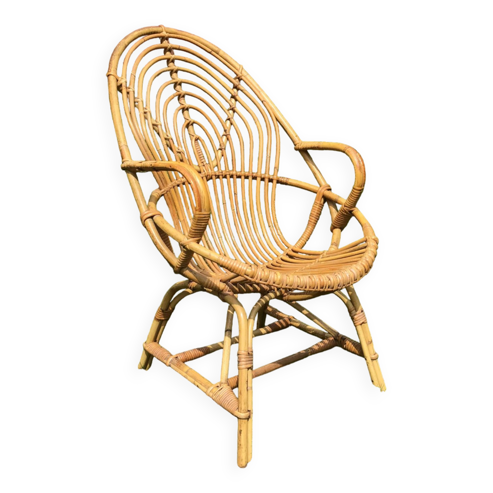 Vintage ovoid-shaped rattan armchair.