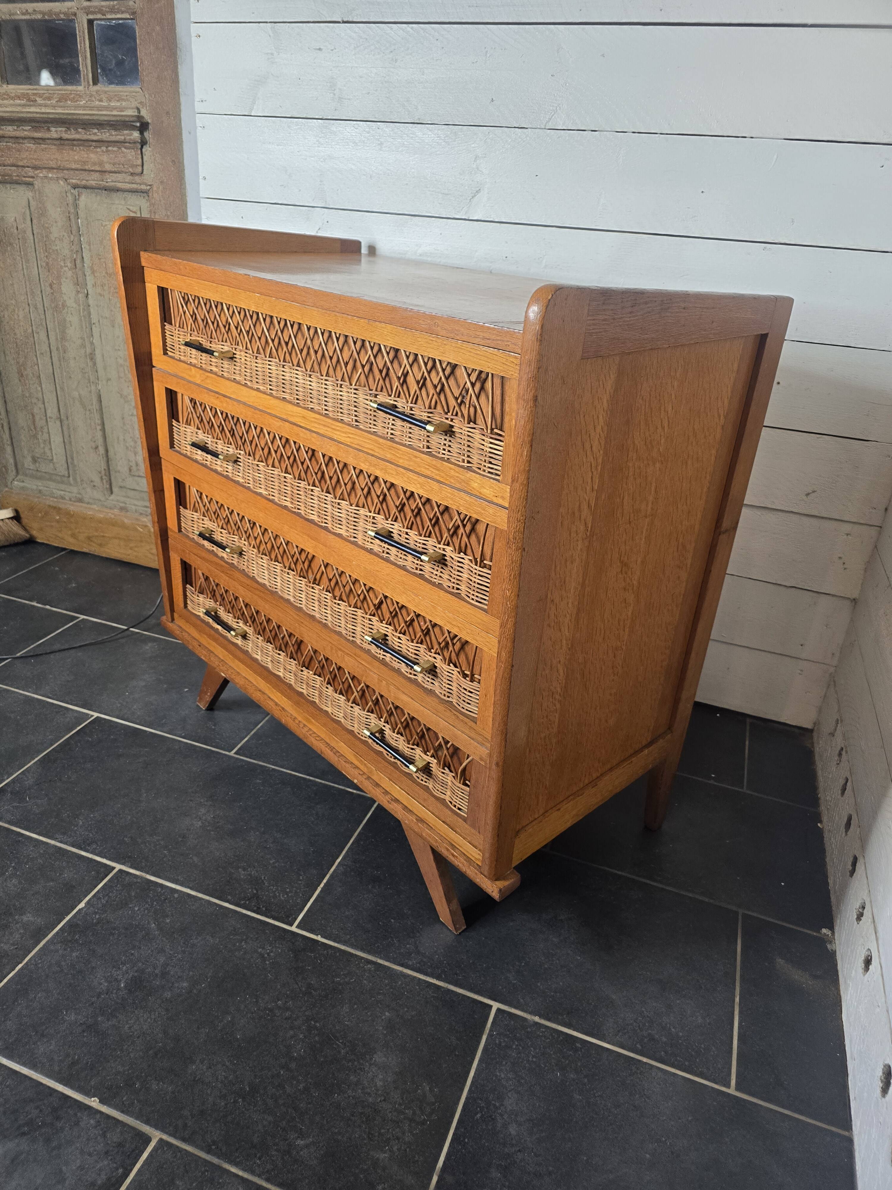 Commode en rotin et bois, années 60