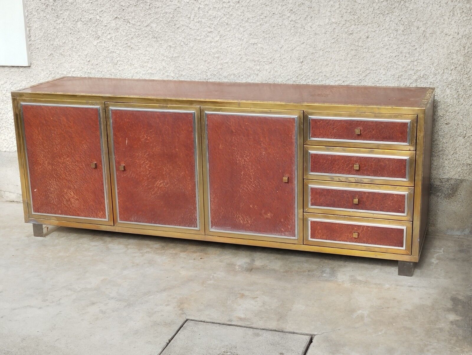 Sideboard shelf design 70 Michel Pignères amboyna burl chrome brass