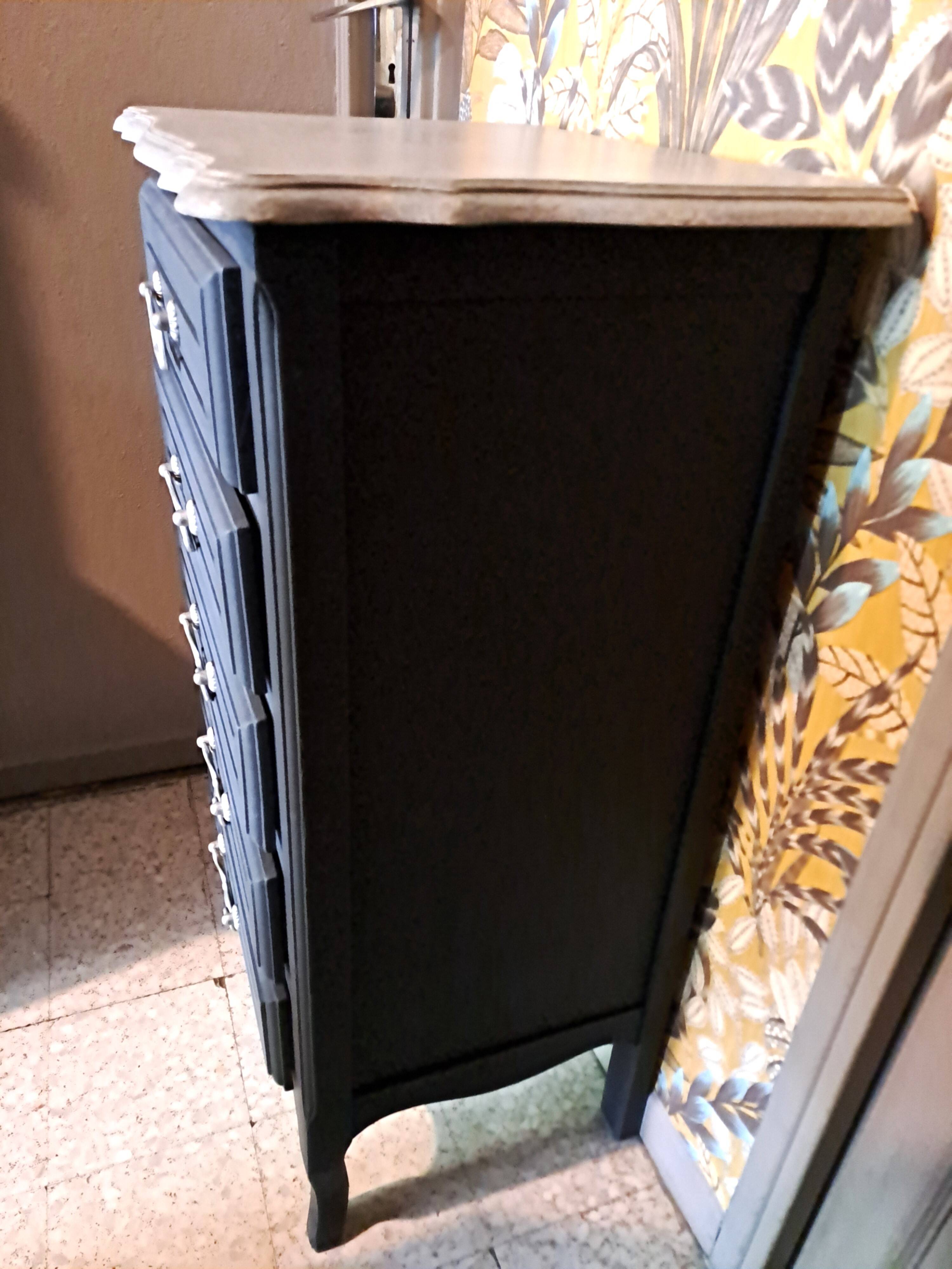 Black and grey painted wooden chest of drawers from France 1950 with 5 drawers