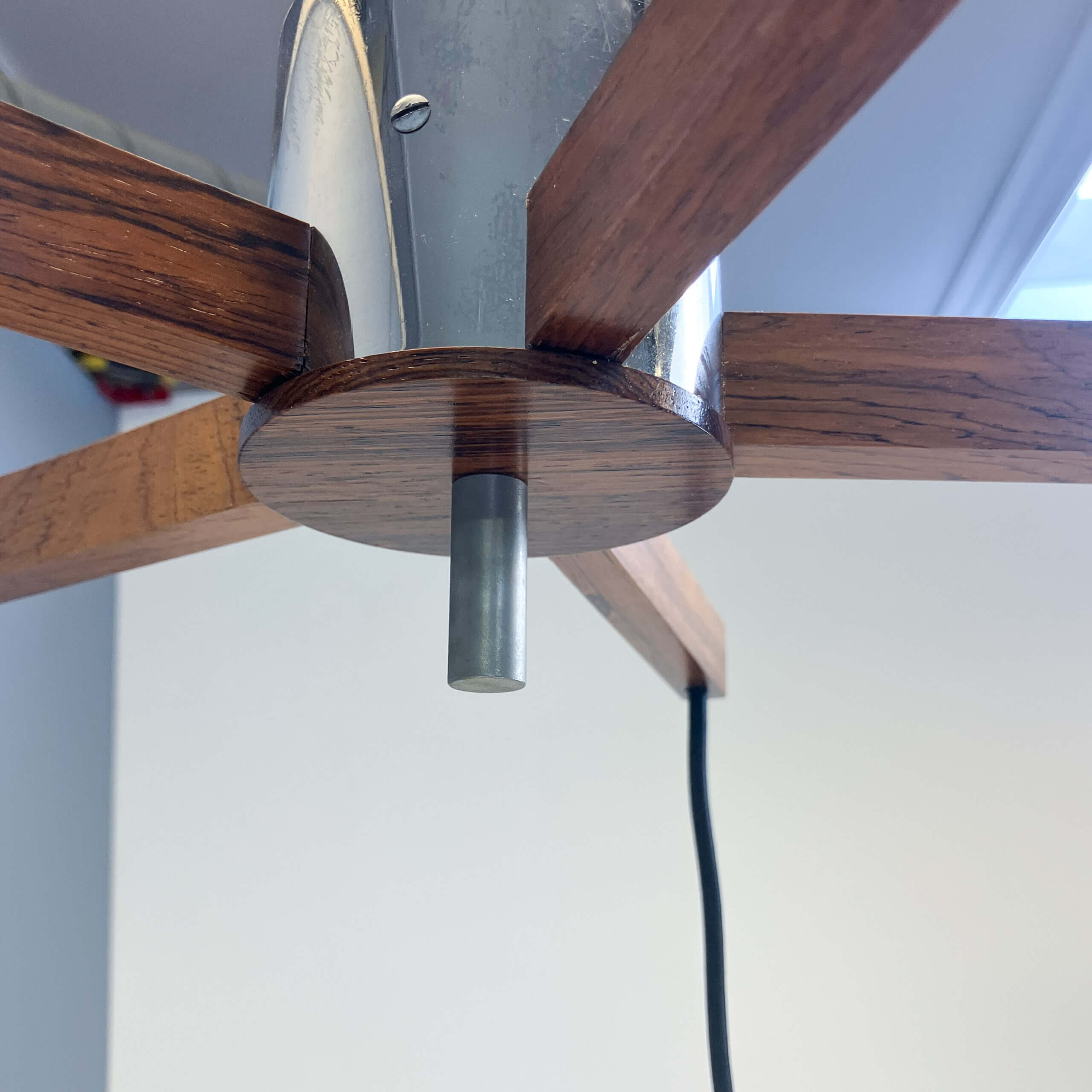 5-bulb cascade lamp, rosewood, chrome and textured glass shades, 1960s