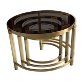 3 nesting tables years 70 - round gilded brass and smoked glass tops