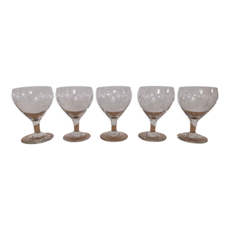 Set of 5 vintage finely engraved standing water glasses