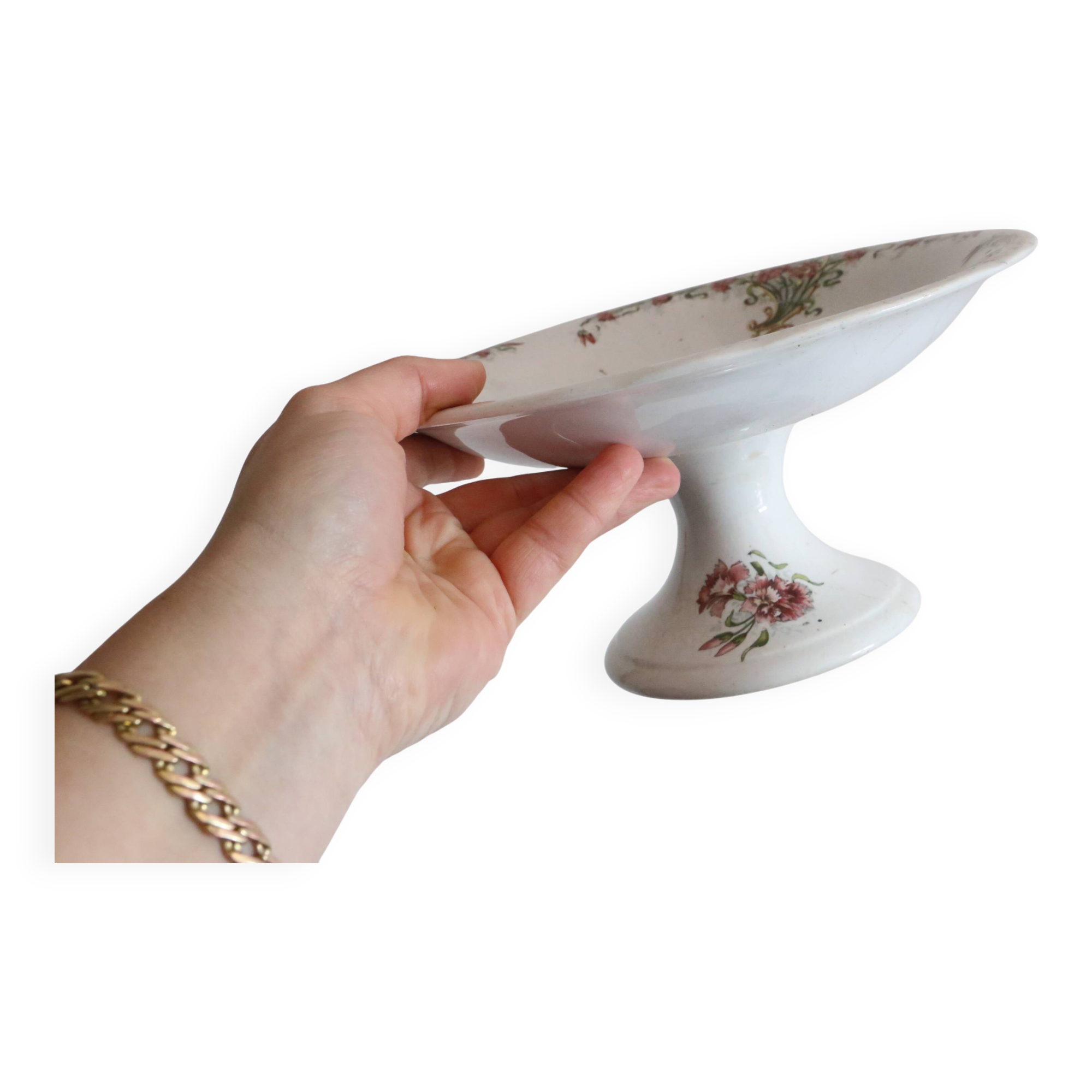 Antique dish, polychrome ironstone compote dish, “Guirlandes” model from the