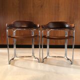 Pair of vintage armchairs, cognac leather and chrome steel 1970