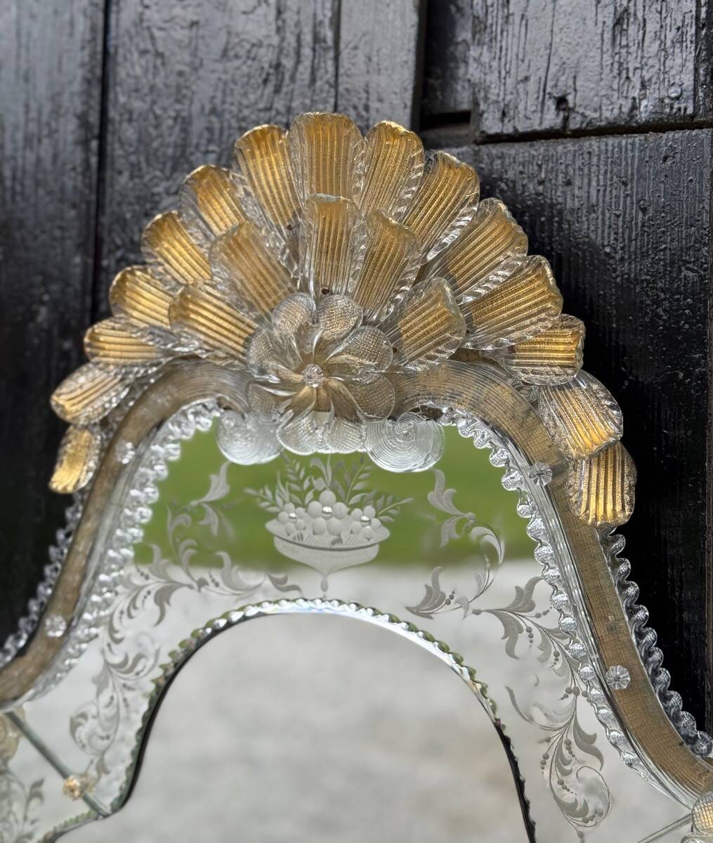 Venetian Murano Glass Mirror, Gilded with Fine Gold, Engraved Mirror, Circa 1950