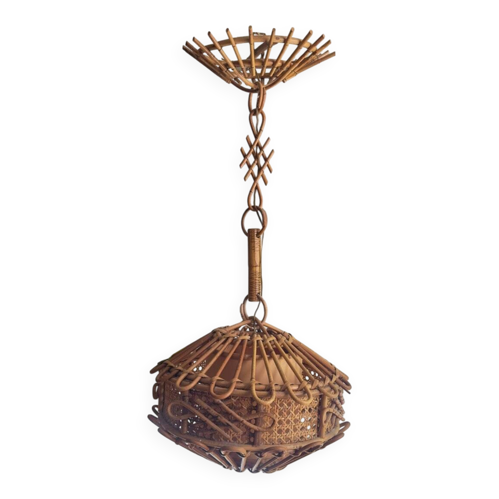 Suspended lamp in bamboo and rattan with chinoiserie details by Louis Sognot, 1950.