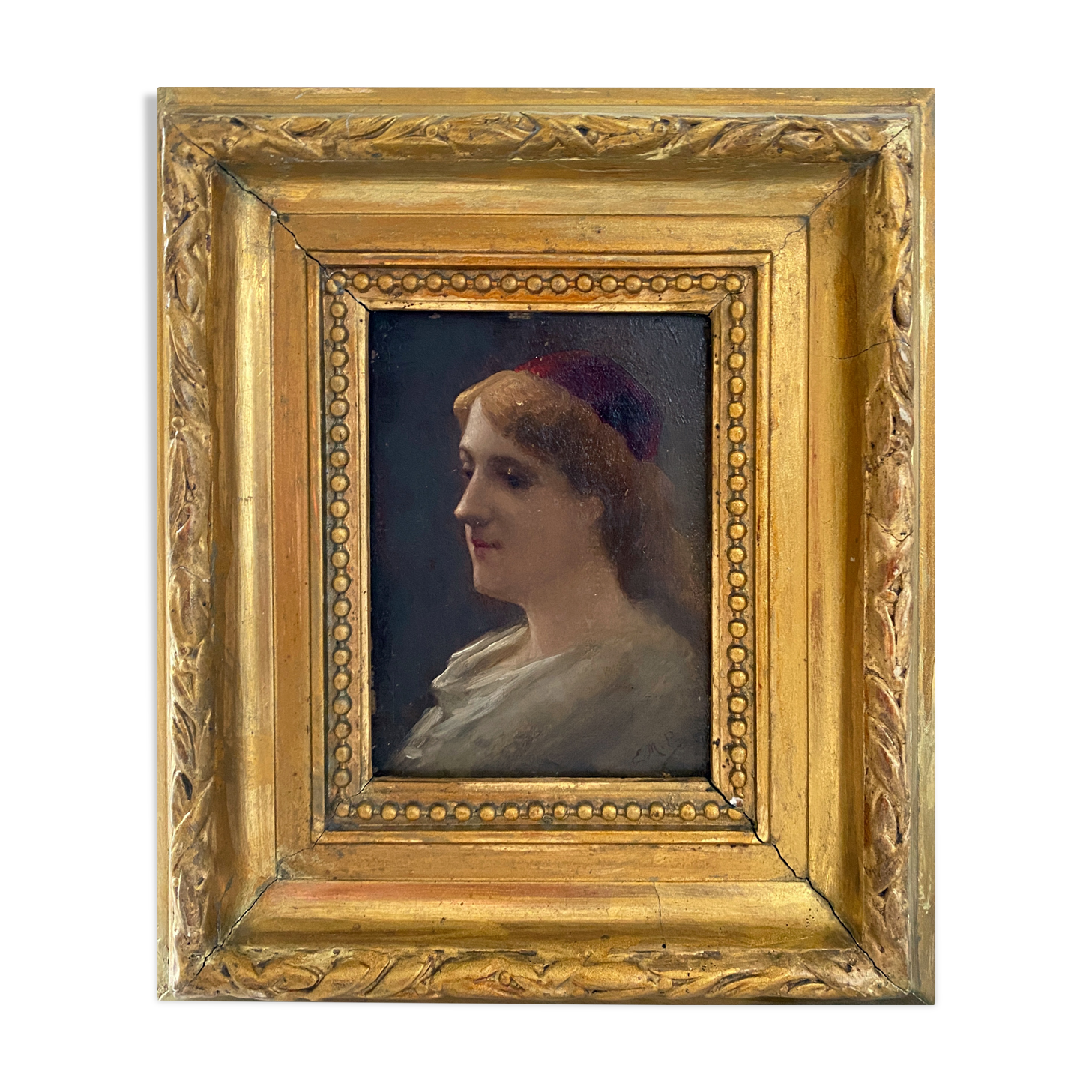 Portrait table ec. Pre-Raphaelic signed E.M.P. XIX° century + frame