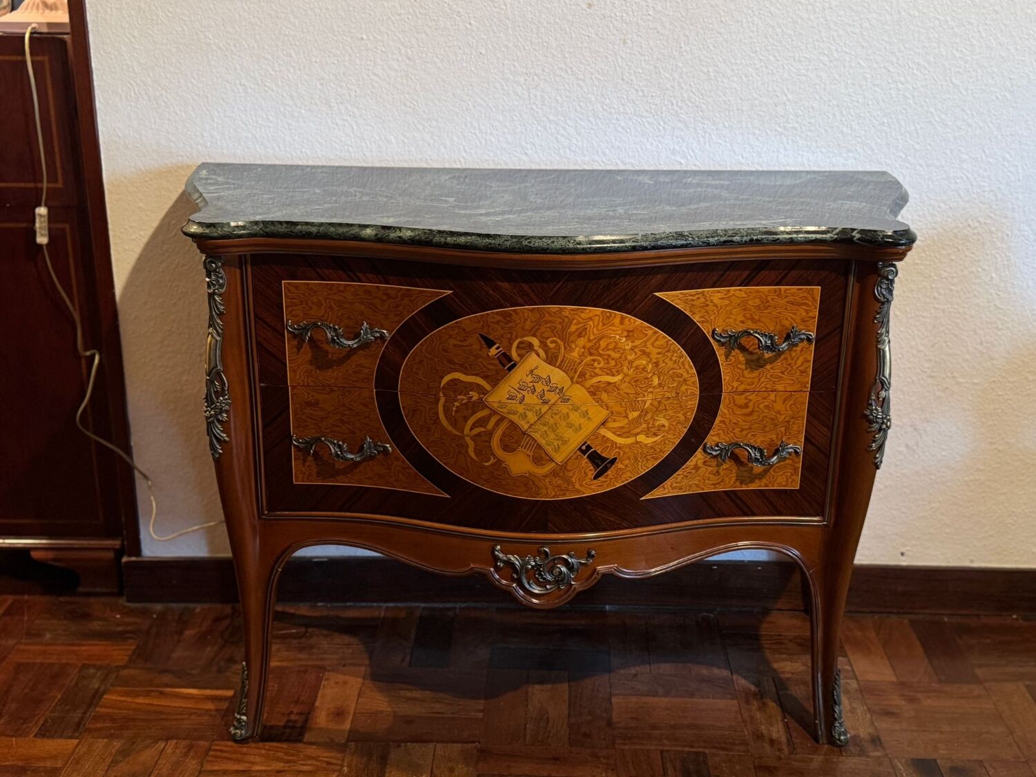 Exquisite Louis XV Style Bombé Commode with Musical Marquetry & Marble