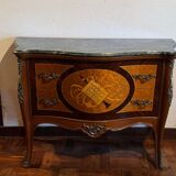 Exquisite Louis XV Style Bombé Commode with Musical Marquetry & Marble
