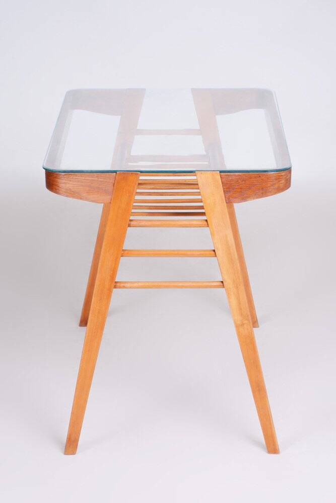 Mid-Century Console Table in Oak, Glass, Czech, 1950s