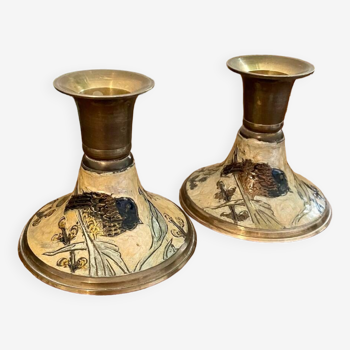 Pair of enameled brass candlesticks