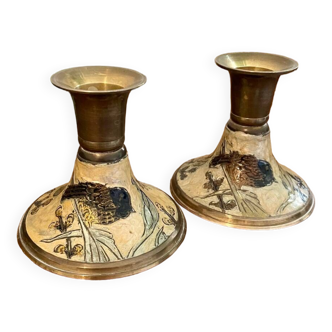 Pair of enameled brass candlesticks