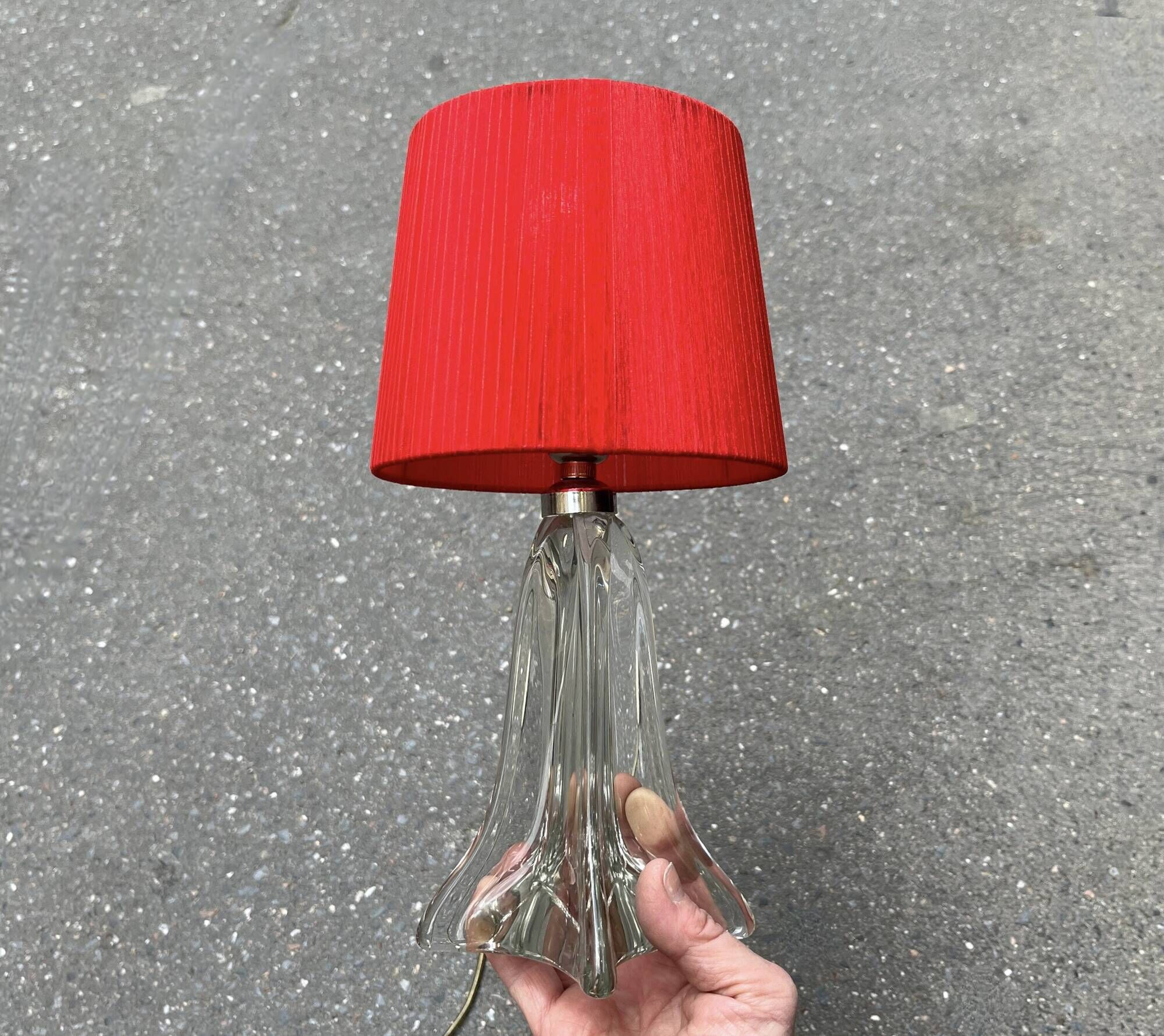 Vintage crystal lamp base with red pleated organza ribbon shade 1940
