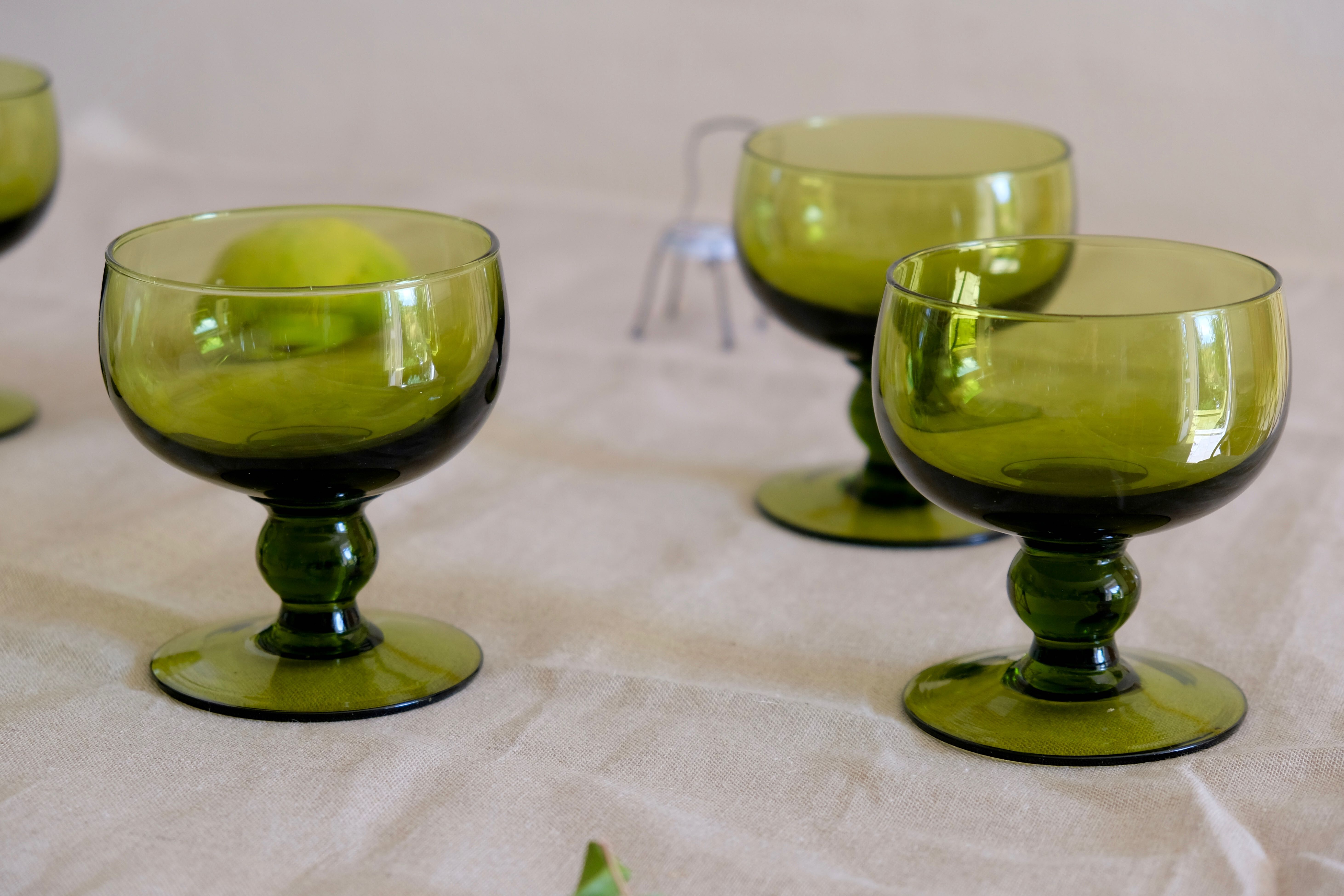 Set of 12 olive green wine glasses, mouth soufflé from the 50s