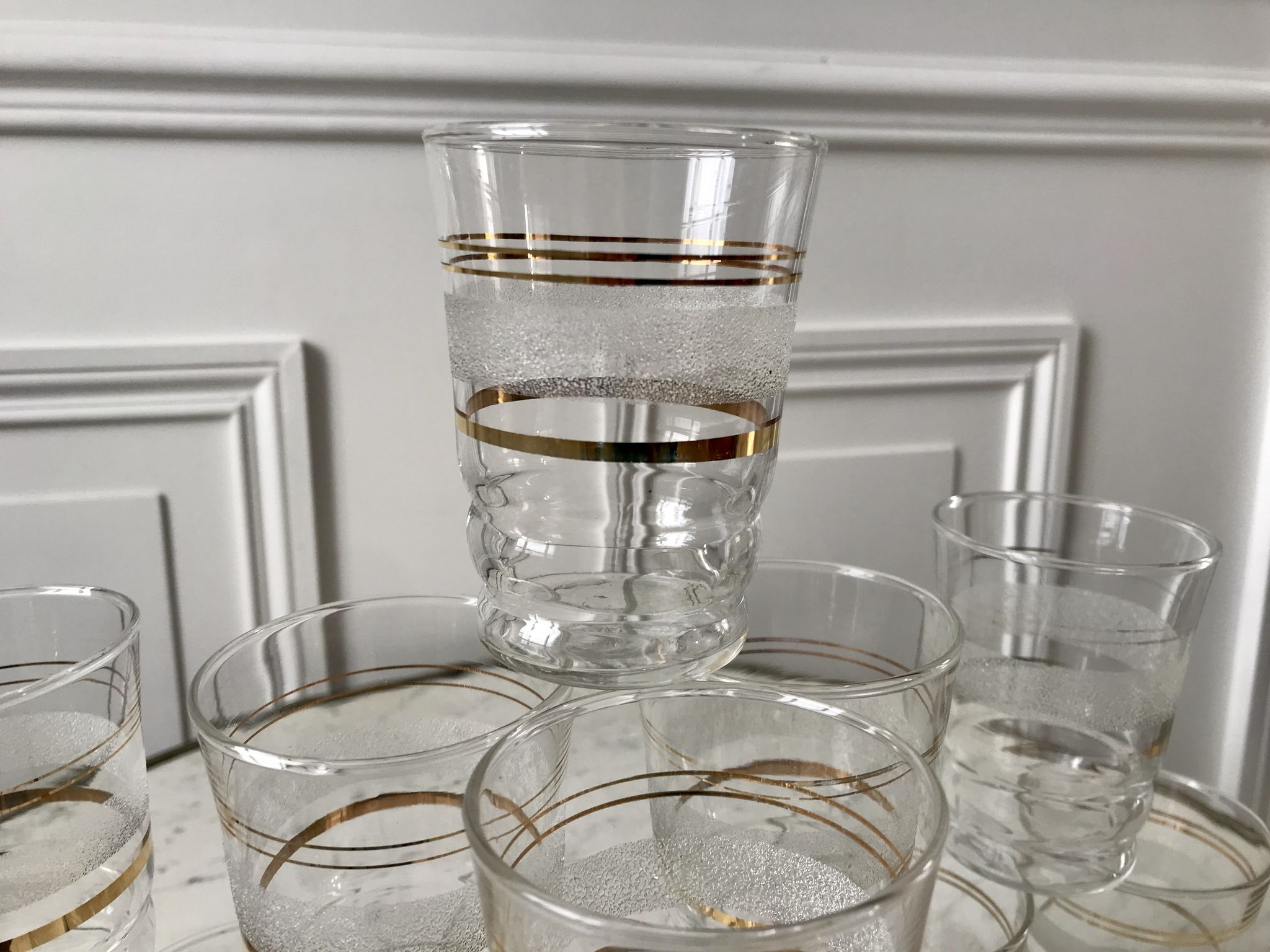 Set of 13 granite water glasses with golden borders 50s-60s