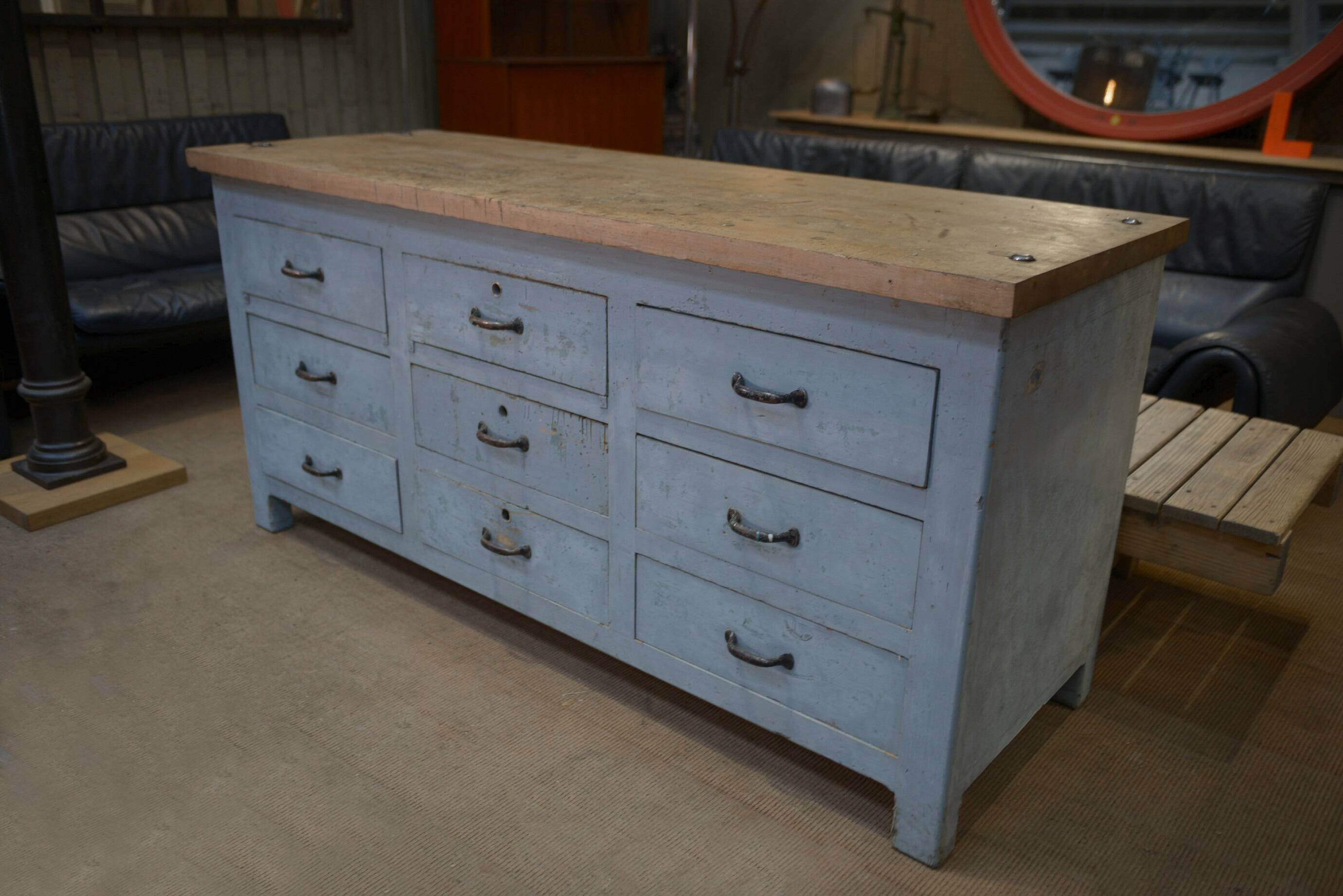 Original 1950s gray patinated 9-drawer craft cabinet