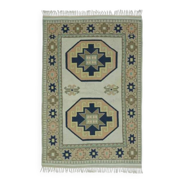 Tapis vintage turc Oushak fait main en laine et coton beige, années 1970