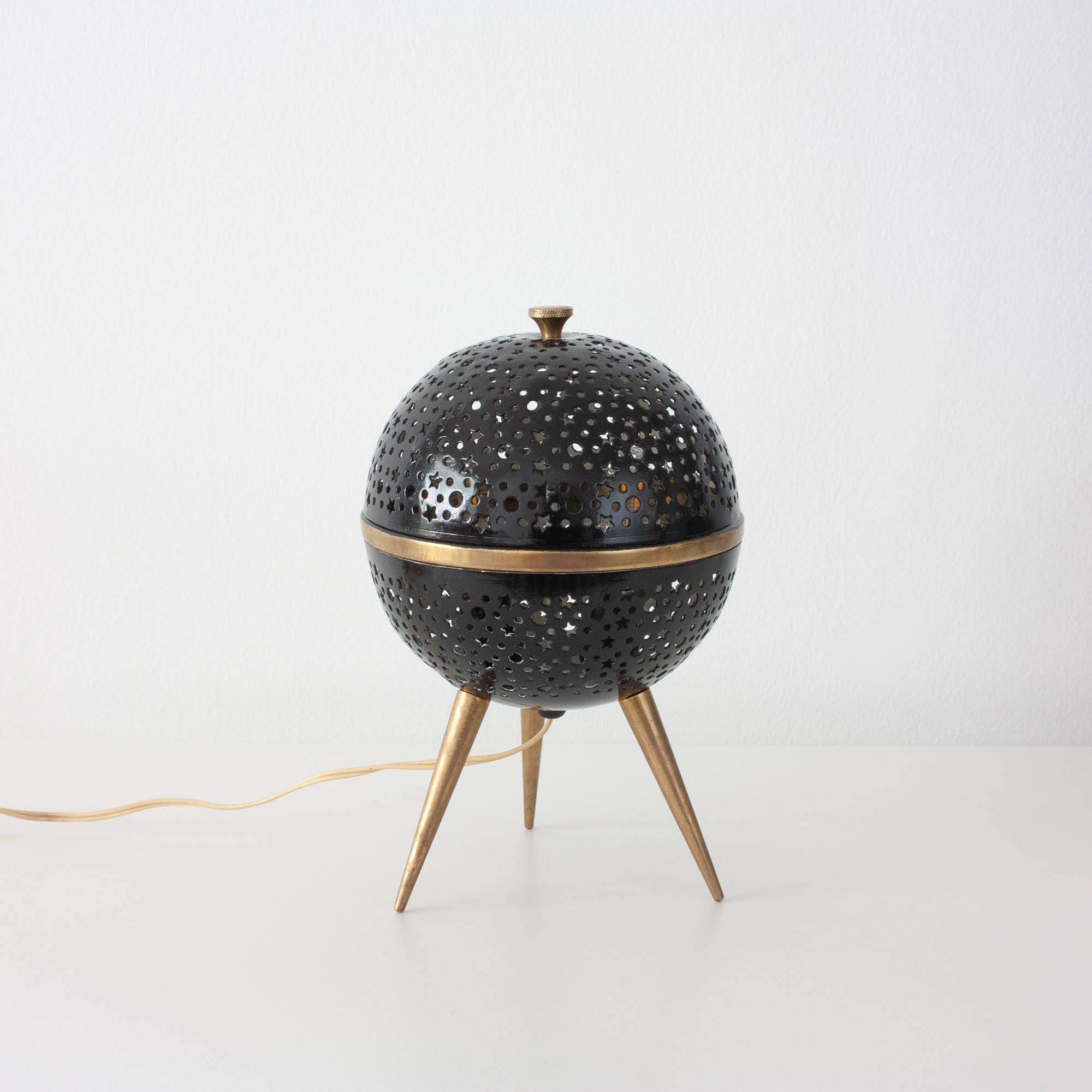 1950s French Saturn Table Lamp in Pierced Aluminum and Brass