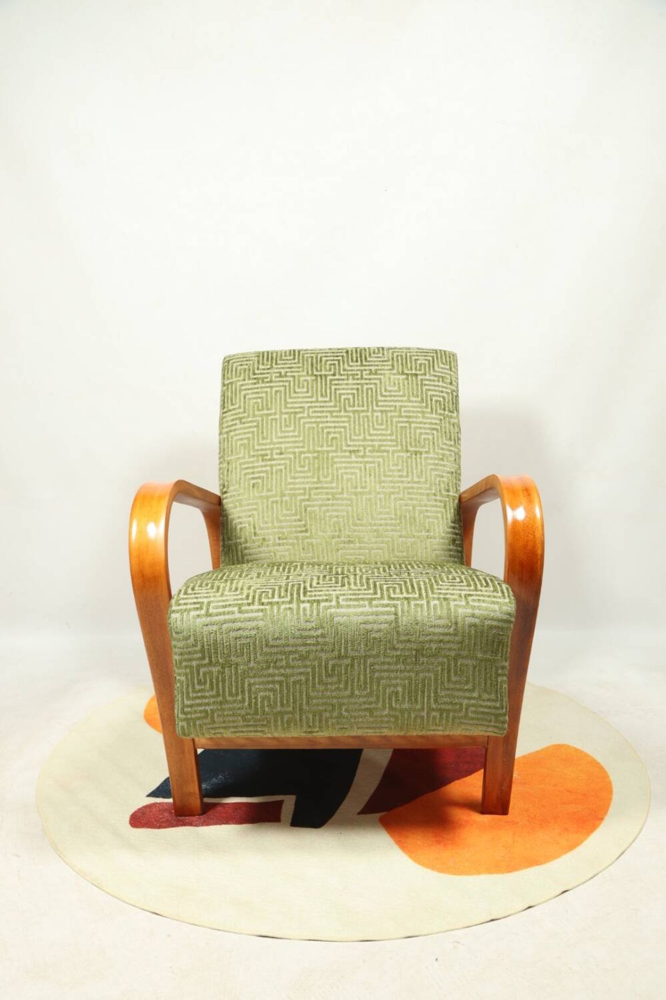 Art Deco armchair in green geometric jacquard by Kropacek Kozelek 1950