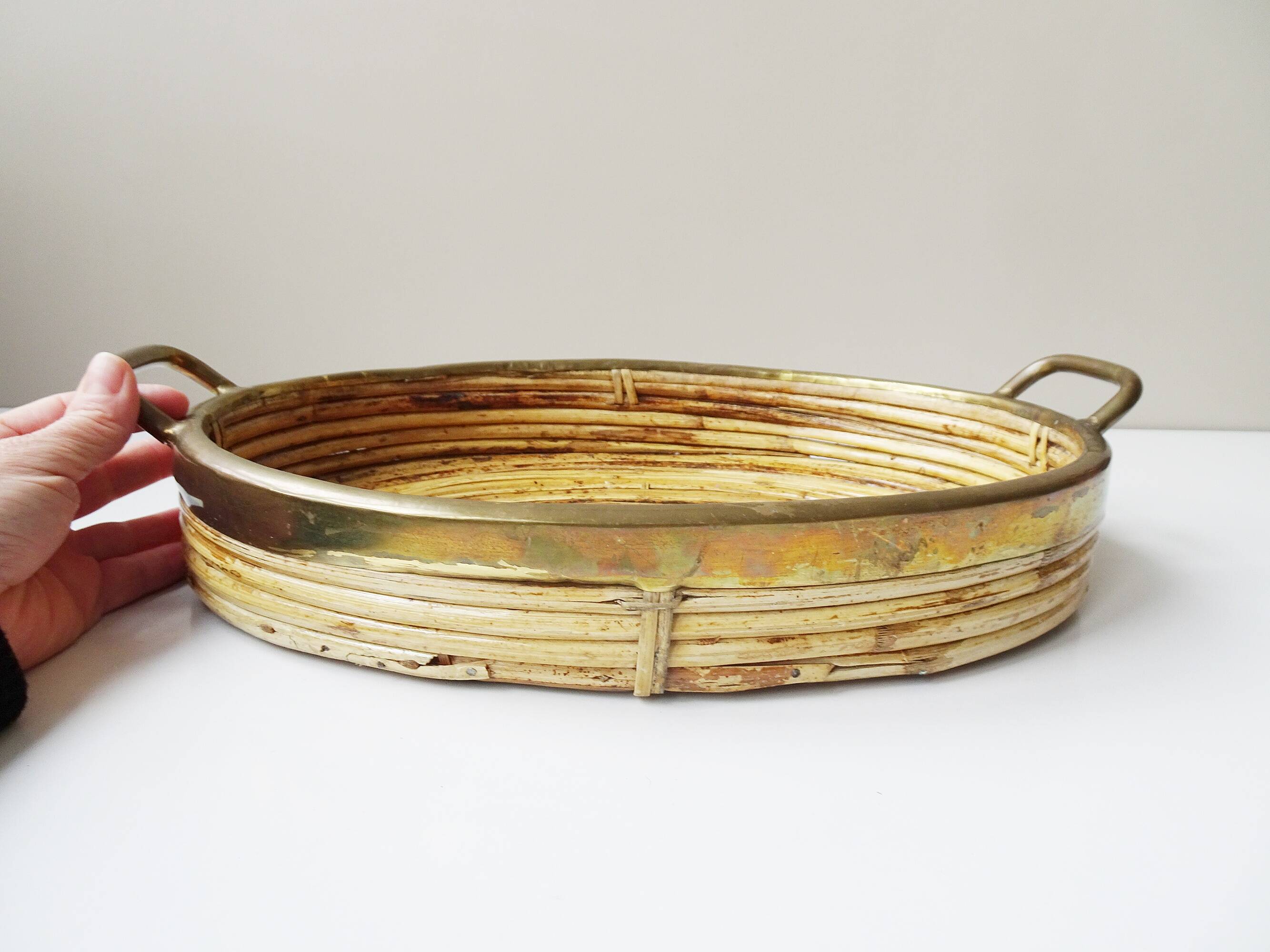 Rattan and brass tray, Gabriella Crespi style serving tray ​