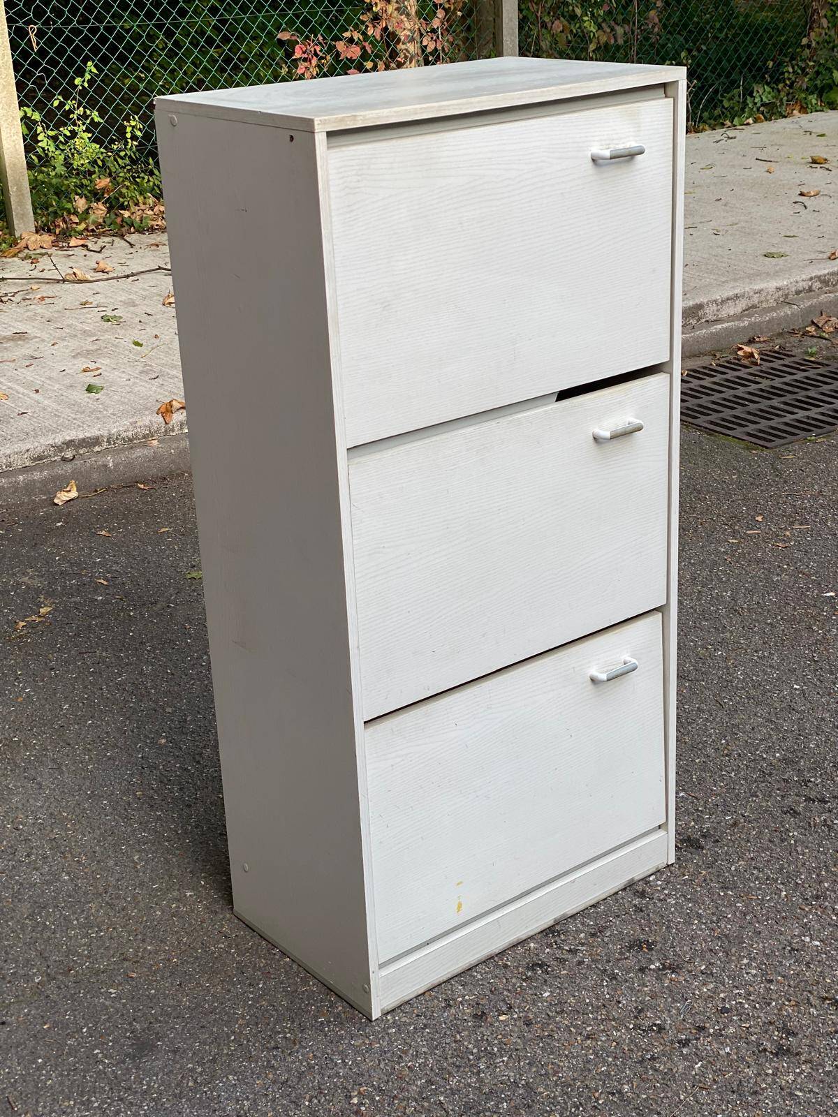 Scandinavian shoe cabinet with 3 beige wooden compartments from the 80s