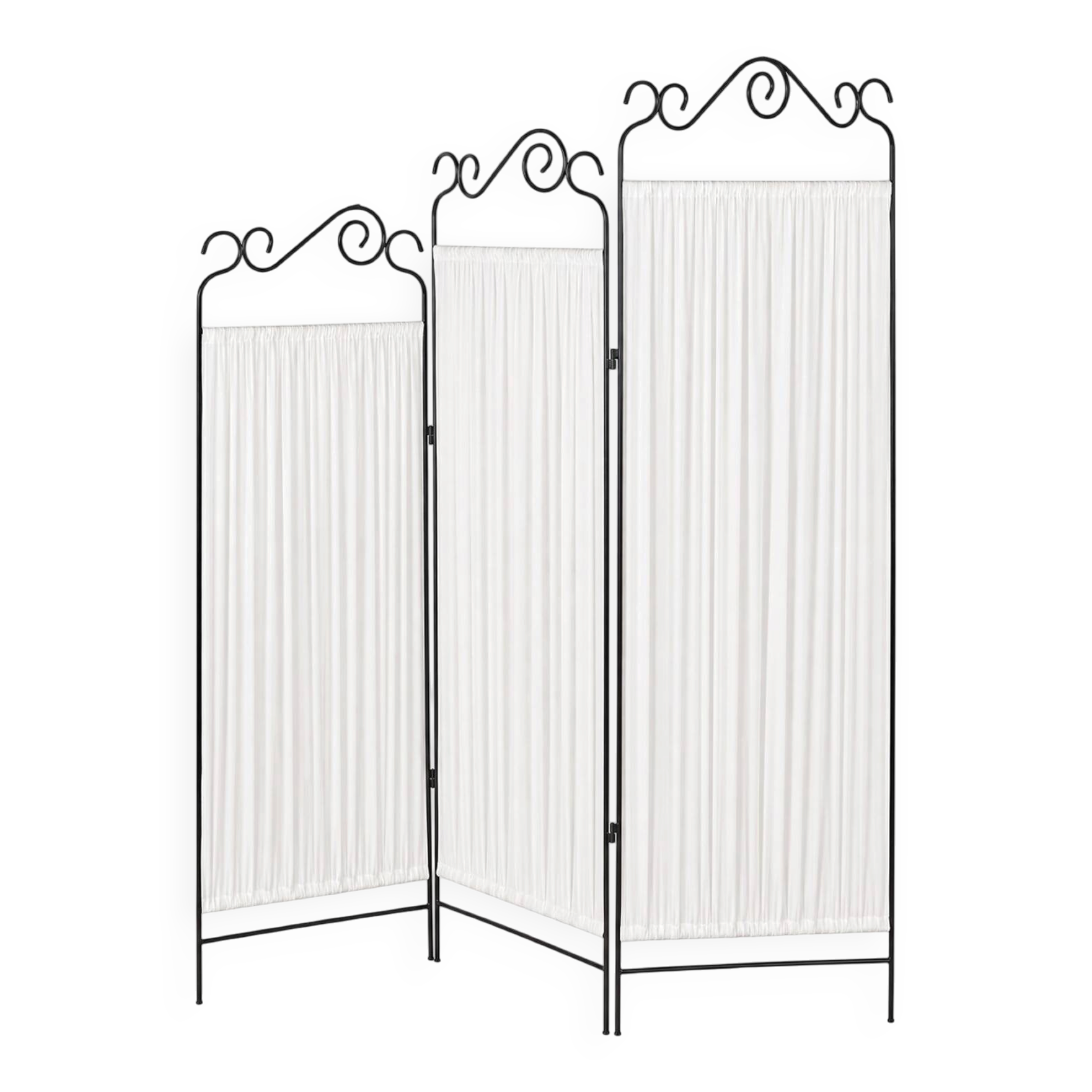 Black wrought iron screen with white fabric, 3 panels with scrolls.