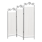 Black wrought iron screen with white fabric, 3 panels with scrolls.