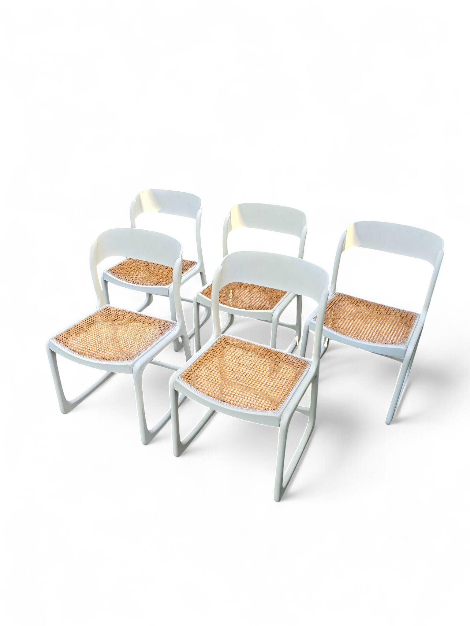 Set of 5 white Baumann "Sleigh" chairs
